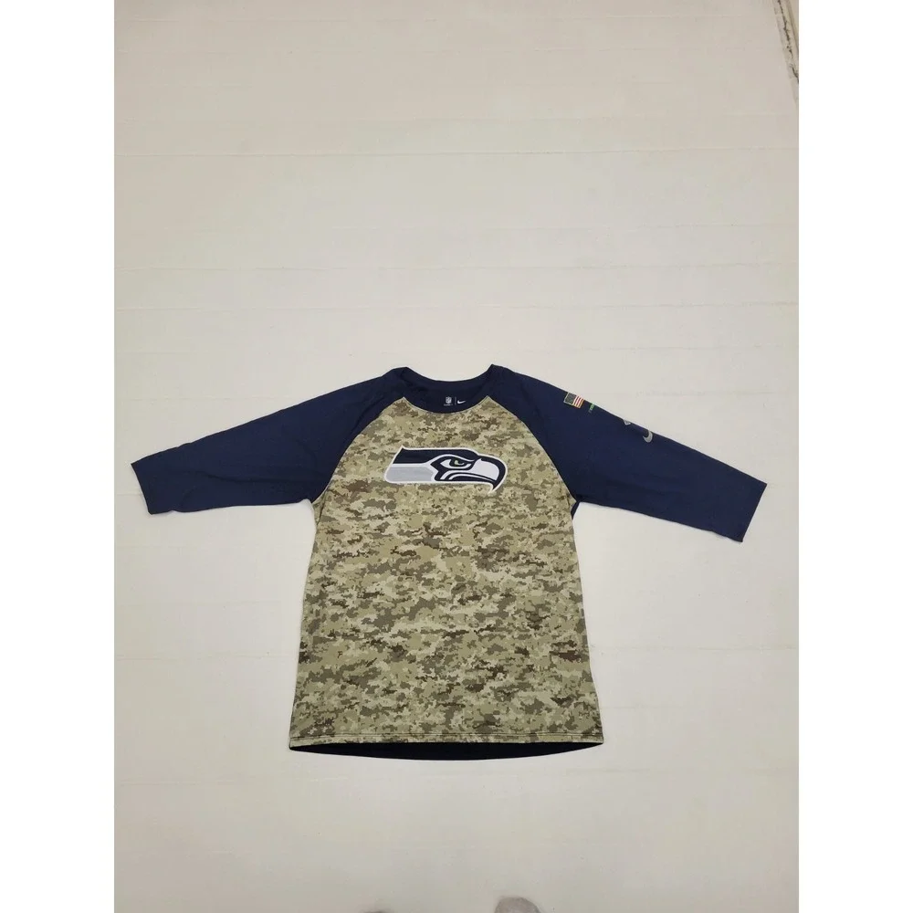Nike Seattle Seahawks Shirt Large Adult Green Camo‎ Blue MIlitary Logo Flag Mens